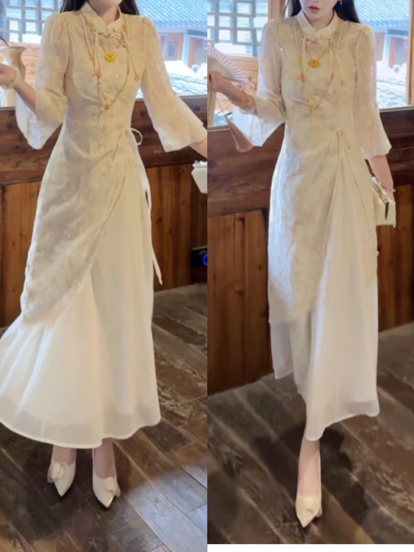 《花前月下》质感仙气重工 两件套旗袍叠穿吊带连衣裙收腰显瘦长裙
