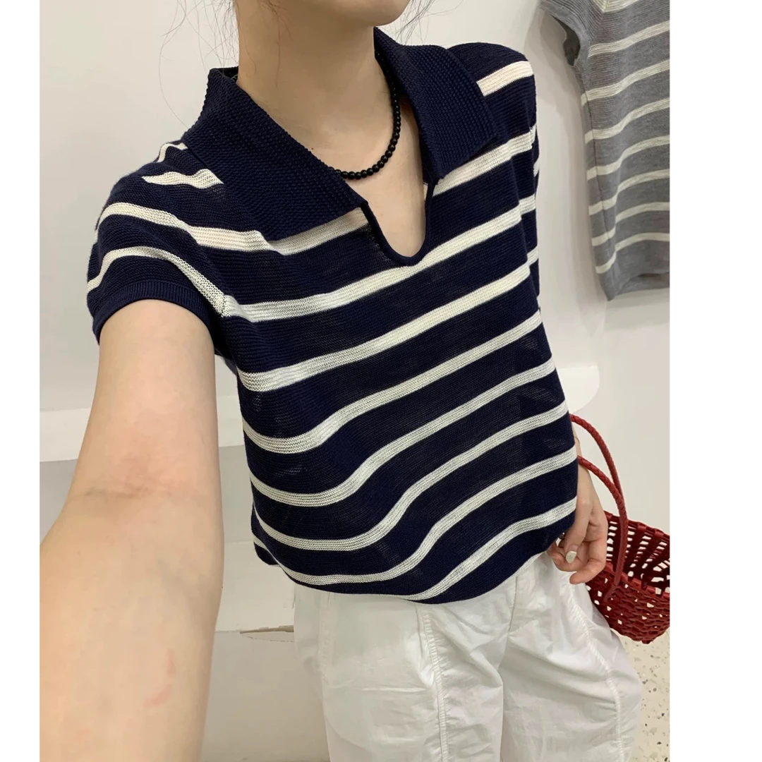 有运费补贴~藏青色翻领鸡心领时尚休闲复古上衣