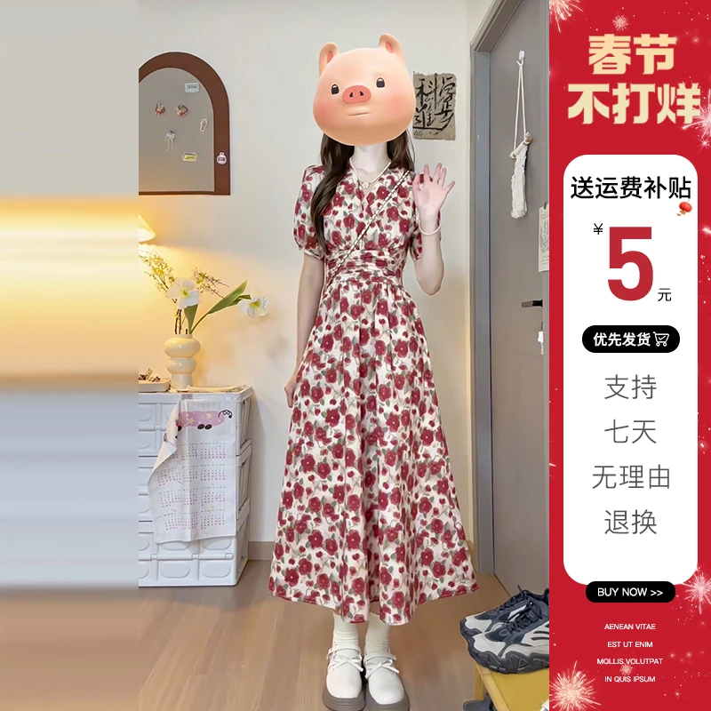 3569法式碎花雪纺连衣裙子女夏2024新款高级感收腰长裙设计感小众