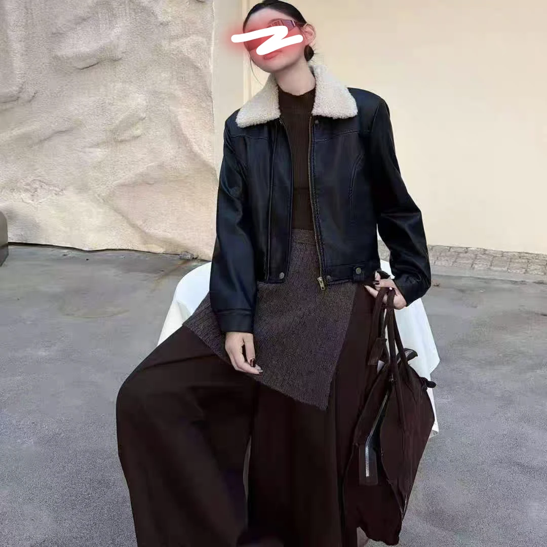 8908-1-DQ黑色时尚毛毛翻领皮衣加绒外套