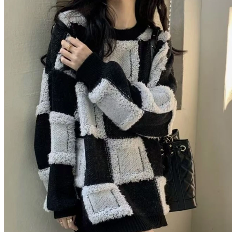 格子长款厚款慵懒风冬季毛针织衫毛衣宽松外穿圆领套头时尚百搭女
