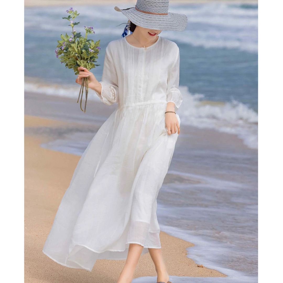 【原版正品】飘逸白色棉麻连衣裙女夏季海边三亚度假旅游沙滩长裙子