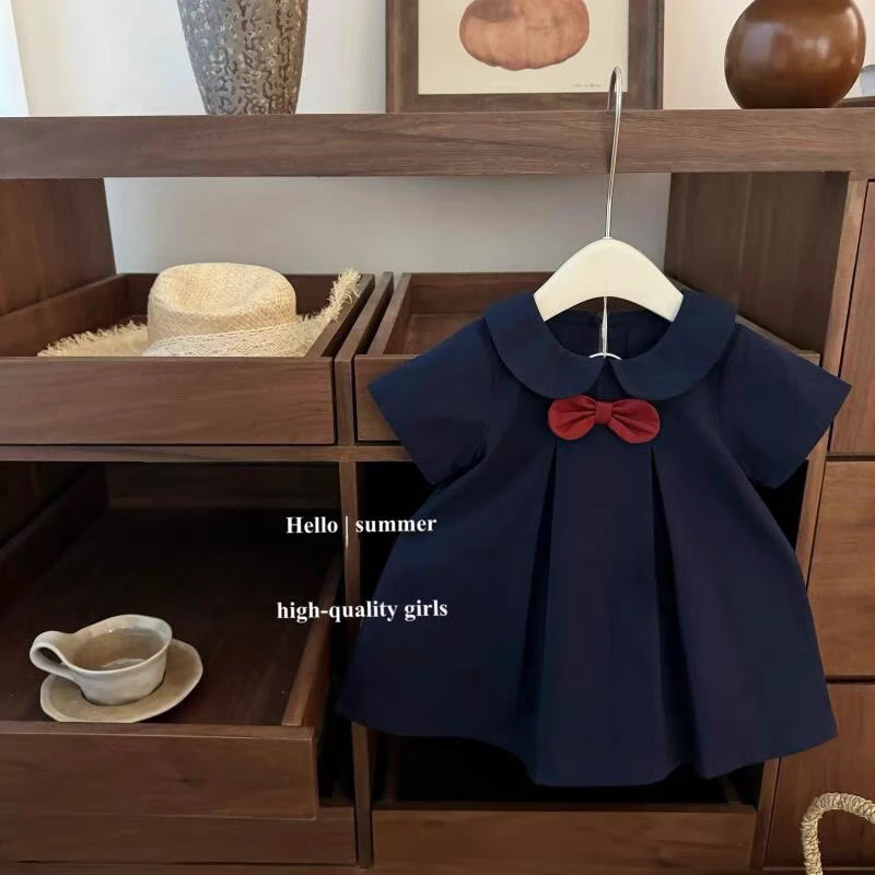 【场仔】女童连衣裙夏季新款学院风女宝jk领结可爱短袖公主裙77388