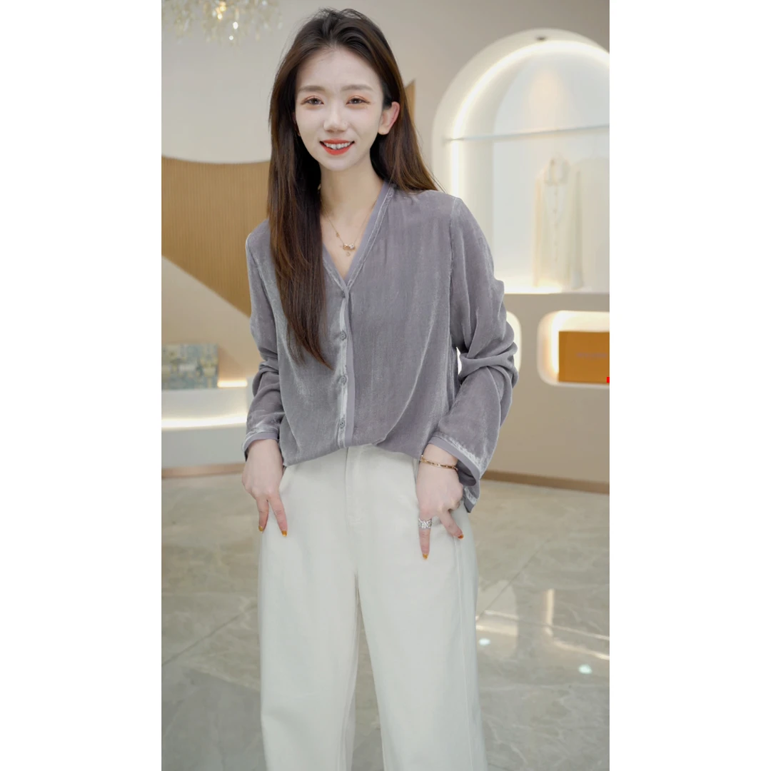 R H 【真丝丝绒】2025春季新款V领显瘦设计师气质款衬衫