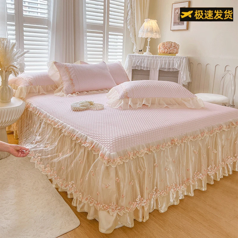 夏季床上用品法式高级凉豆豆床裙三件套凉感冰丝席卧室床品空调席