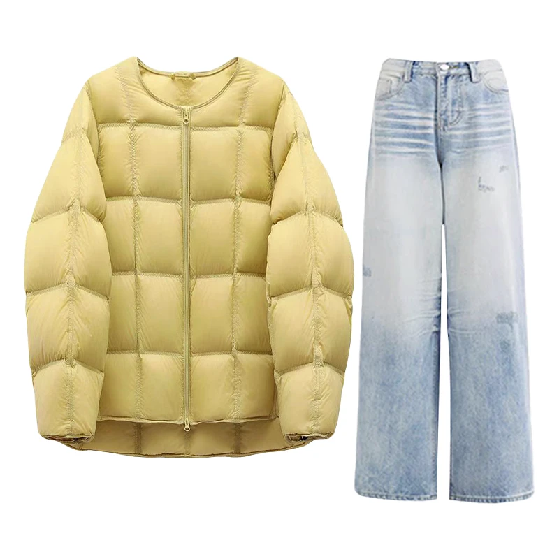 韩版休闲慵懒圆领黄色中长款宽松轻薄棉服外套长裤两件套裤女冬季