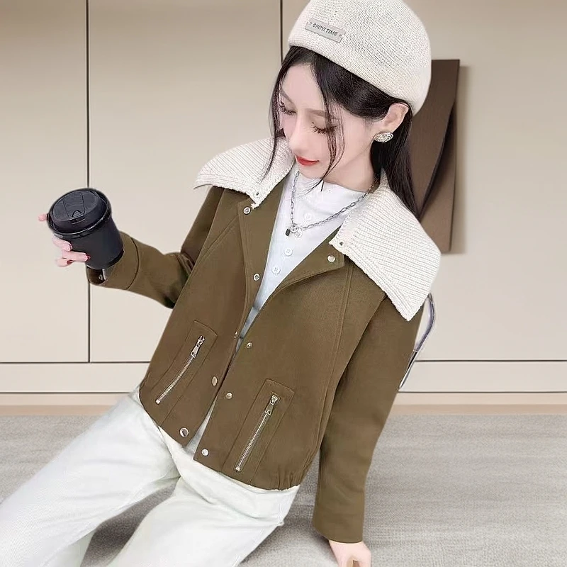 【慧姐】6833新款小个子防寒宽松洋气针织翻领加厚外套