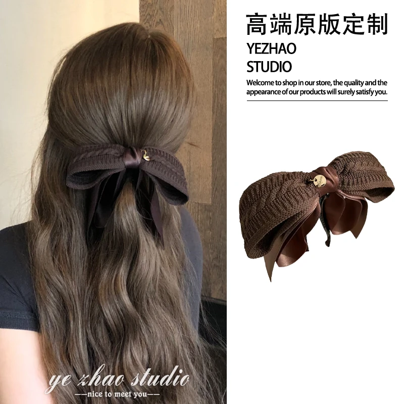 扁头救星！秋冬咖色小香风香蕉夹千金感针织蝴蝶结马尾夹竖夹发夹