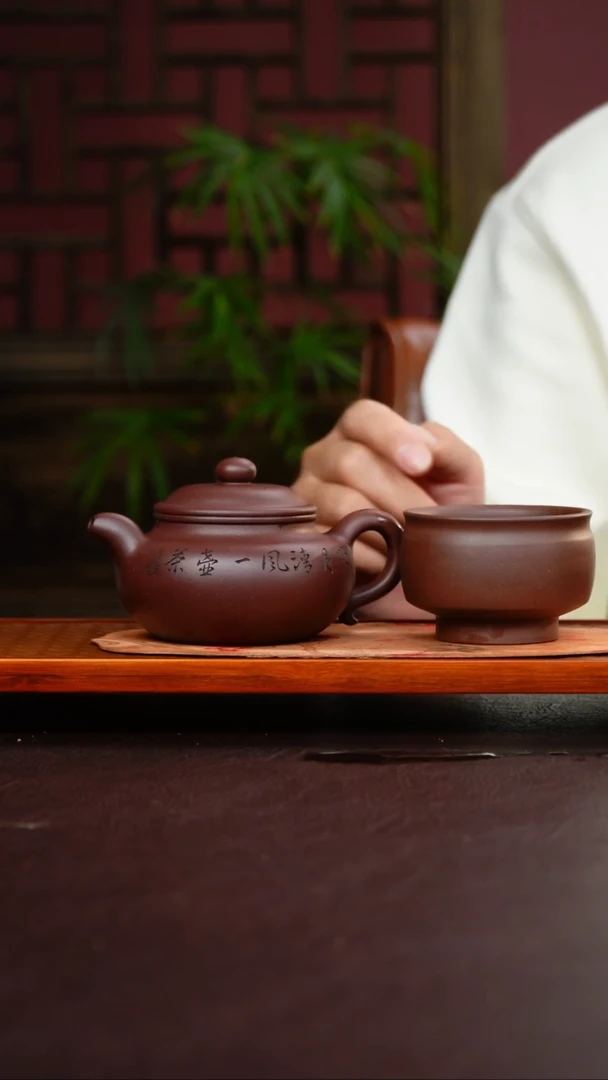 茶壶紫砂紫泥仿古刻绘＋杯