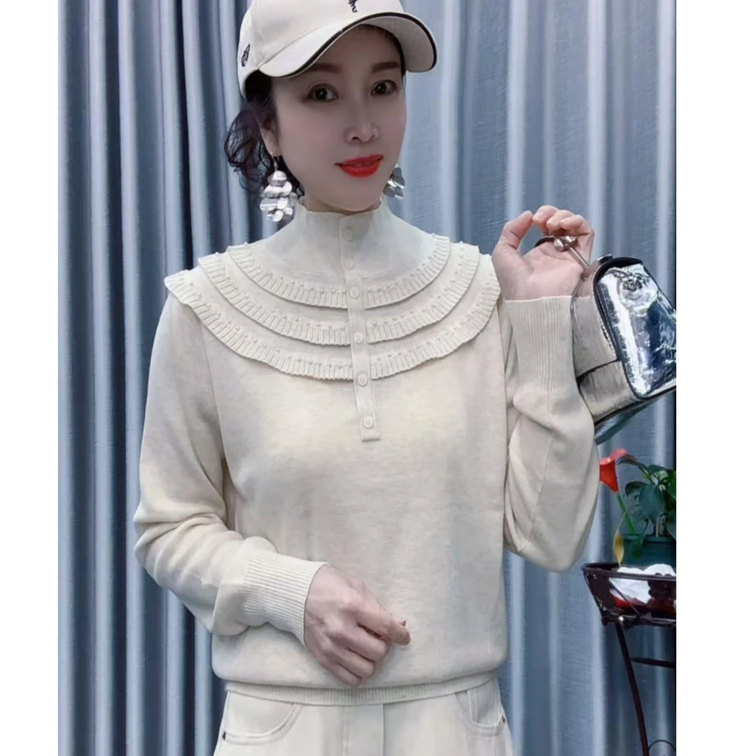 【懂你吴姐】6829新款钉珠三层木耳边羊毛衫