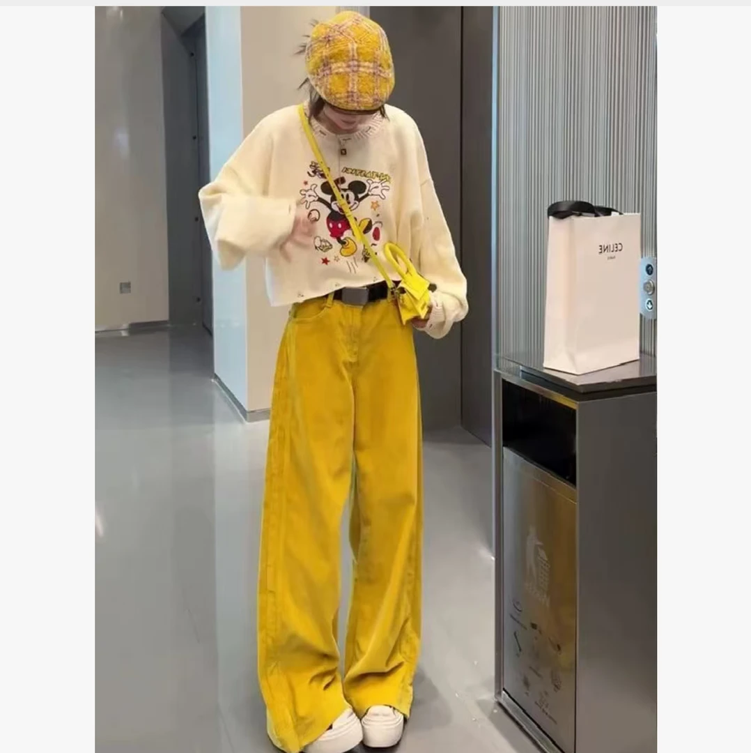 Q25 91507 复古灯芯绒高腰休闲裤女宽松显瘦垂感直筒阔腿裤