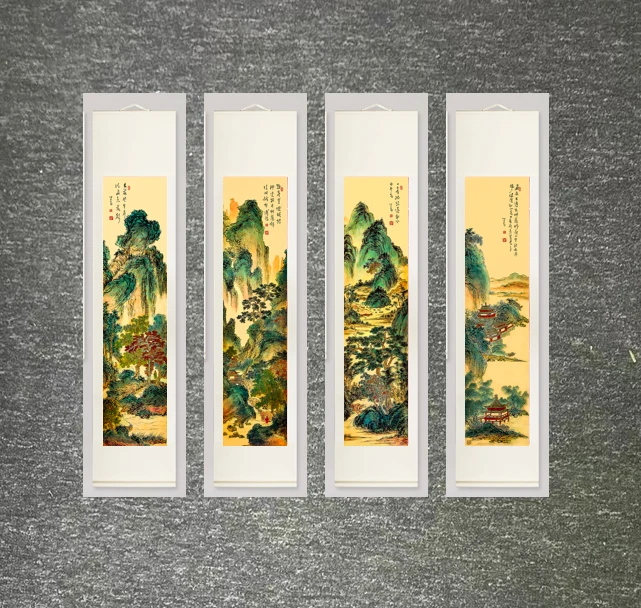 刺绣《江亭谈古四条屏》尺寸1.7米0.42米卷轴装裱