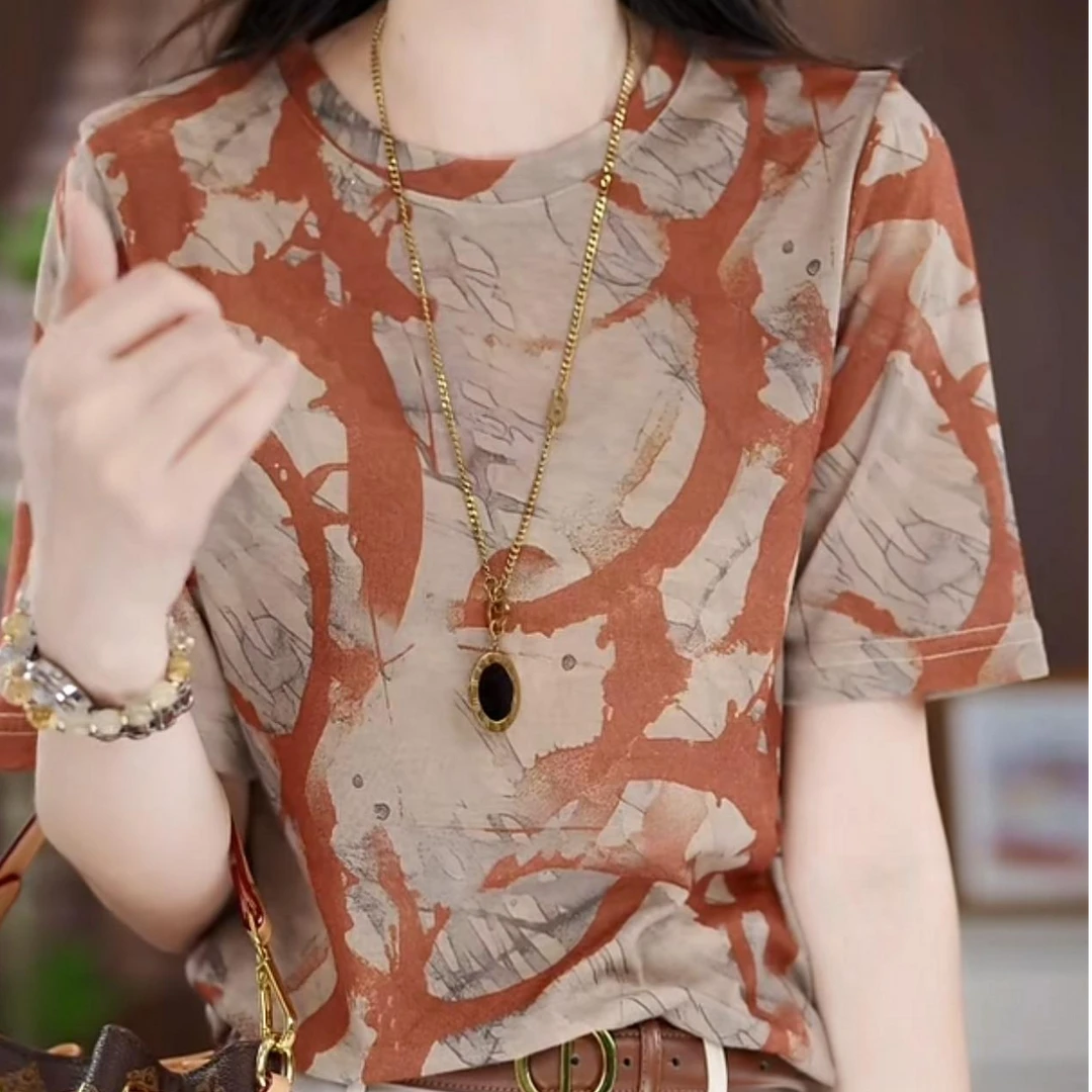 设计感印花时尚百搭夏季新款宽松减龄圆领短袖薄款显瘦遮肉上衣