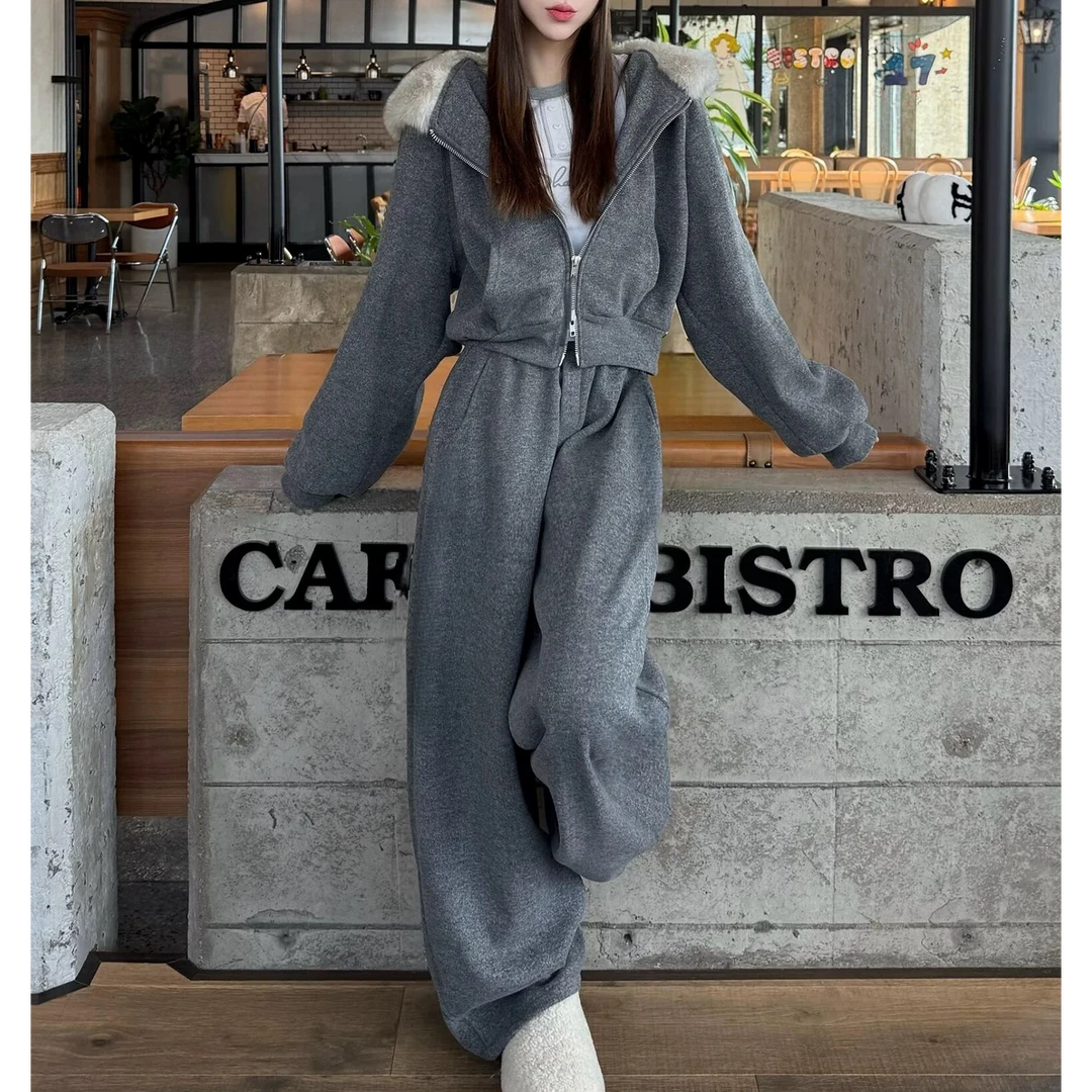 冬季新款加绒加厚慵懒风加毛连帽卫衣外套宽松阔腿裤时尚显瘦套装