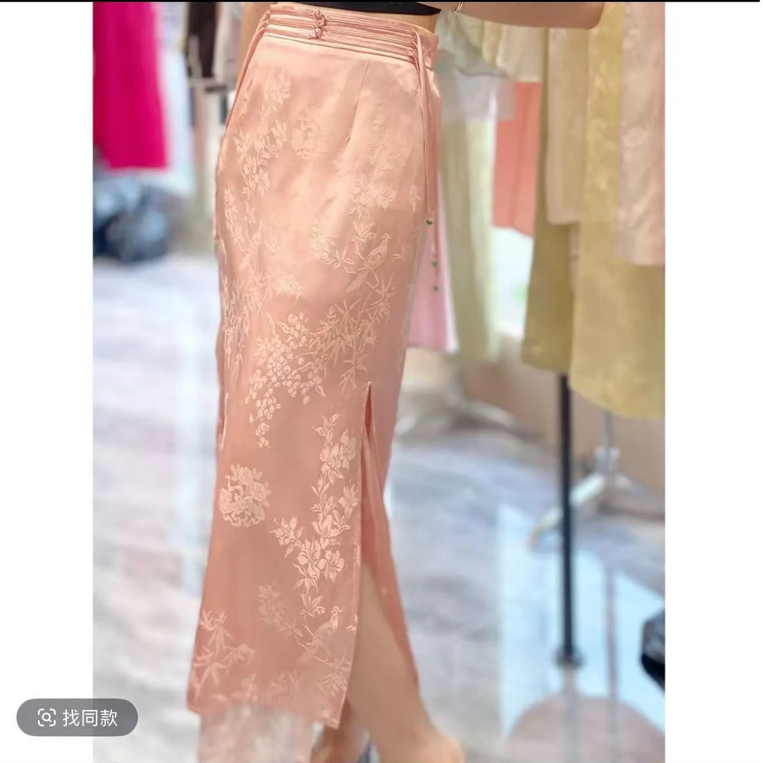 D101高腰显瘦中式盘扣半身裙女春品国潮提花蕾丝拼接中长裙女