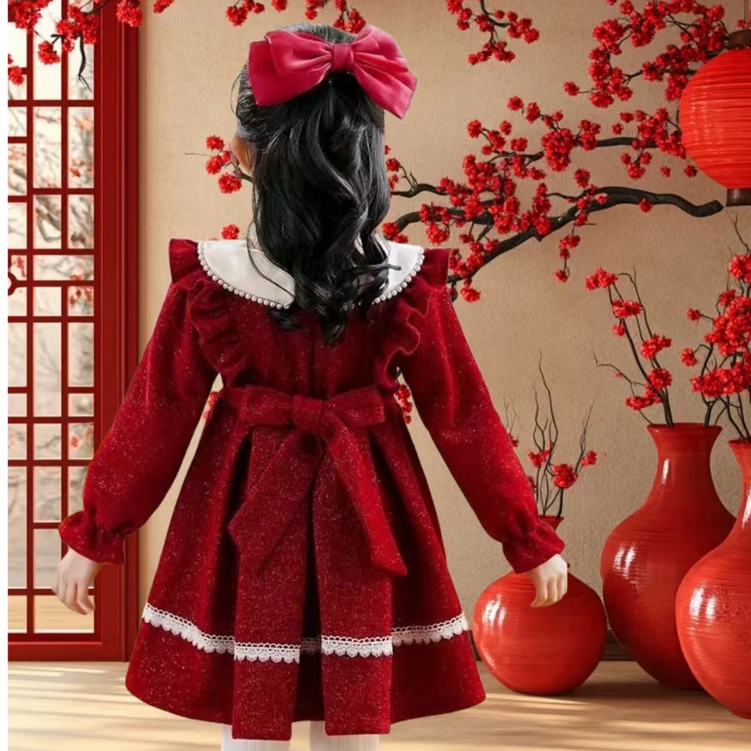女童蓬蓬裙红色女千金风公主裙洋气加绒连衣裙小女孩纯色拜年服