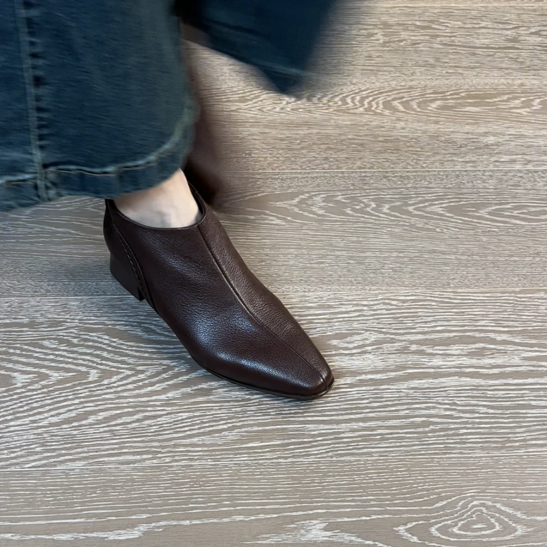 3.5CM头层羊皮方跟冬季冬低跟休闲风跟鞋方头短靴中跟靴子秋冬秋