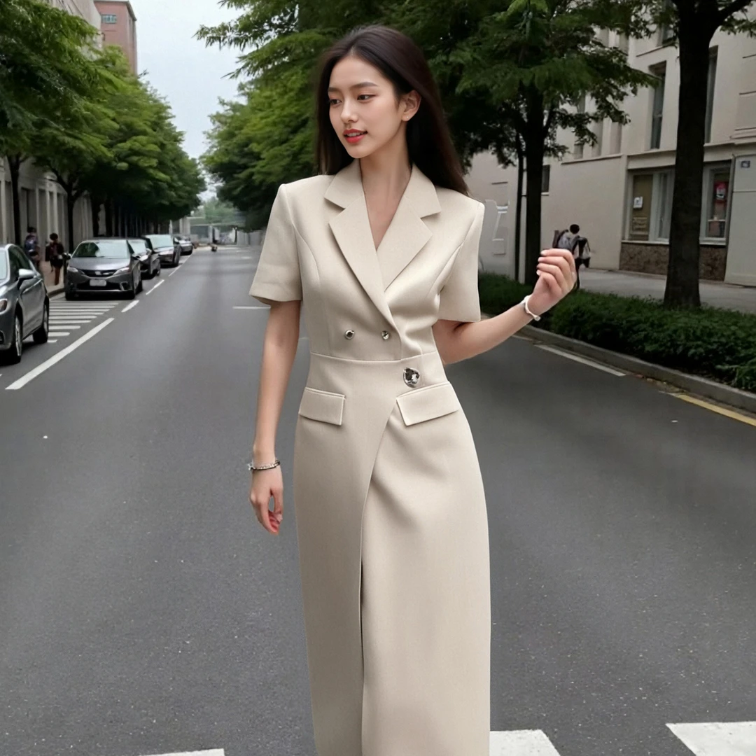 轻熟风显瘦收腰西装裙女翻领短袖不规则连衣裙高级感SHBZU651592