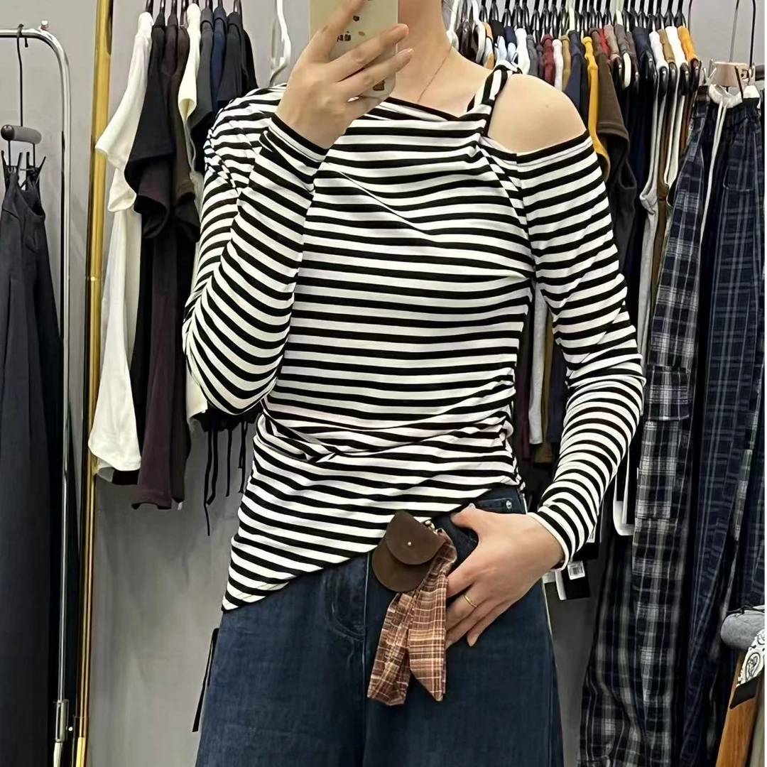 韩版ins风修身显瘦纯欲纽结设计斜肩长袖T恤上衣女2025秋