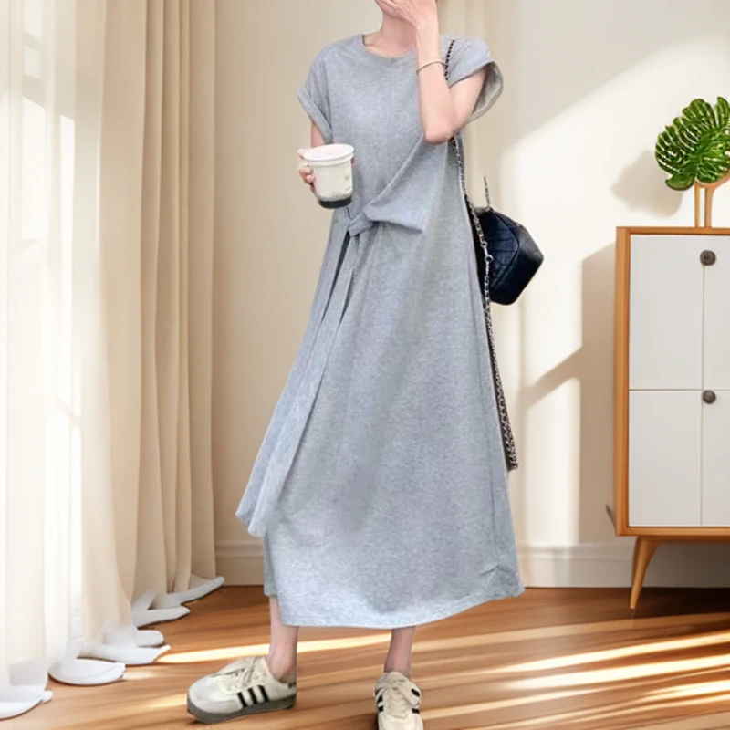 5192#【裙长122】夏季短袖圆领休闲气质绑带收腰长款连衣裙