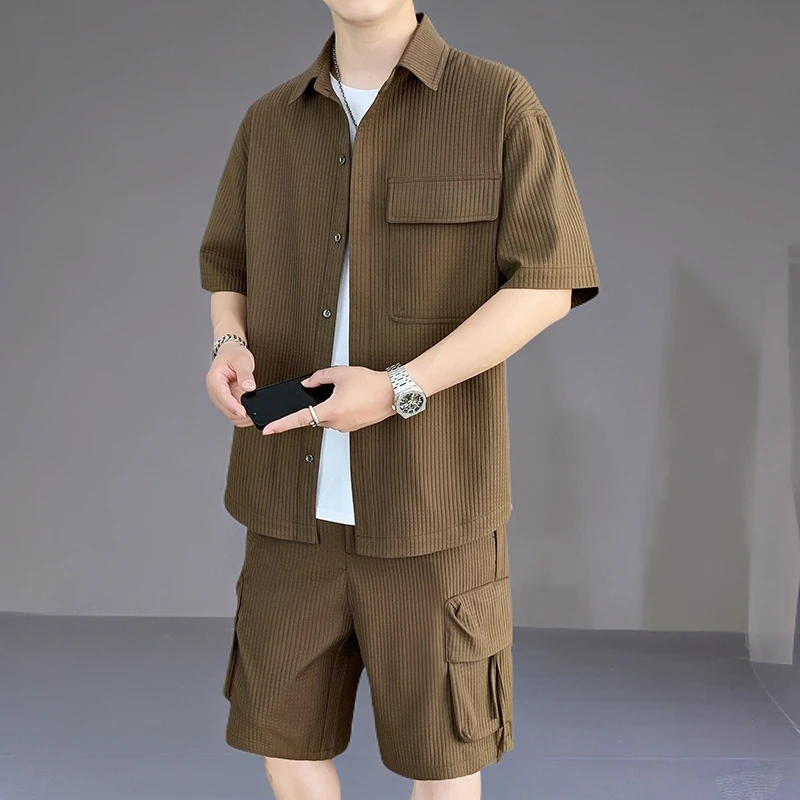 套装男七分袖衬衫夏季冰丝宽松潮流帅气薄款工装短裤男装搭配一套