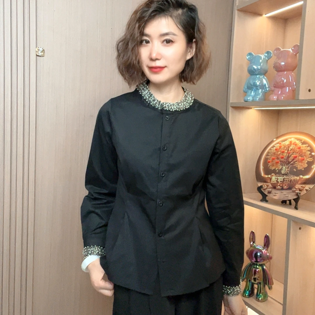 修身长袖休闲风衬衫女时尚气质秋季国风衬衣黑色复古中式立领上衣