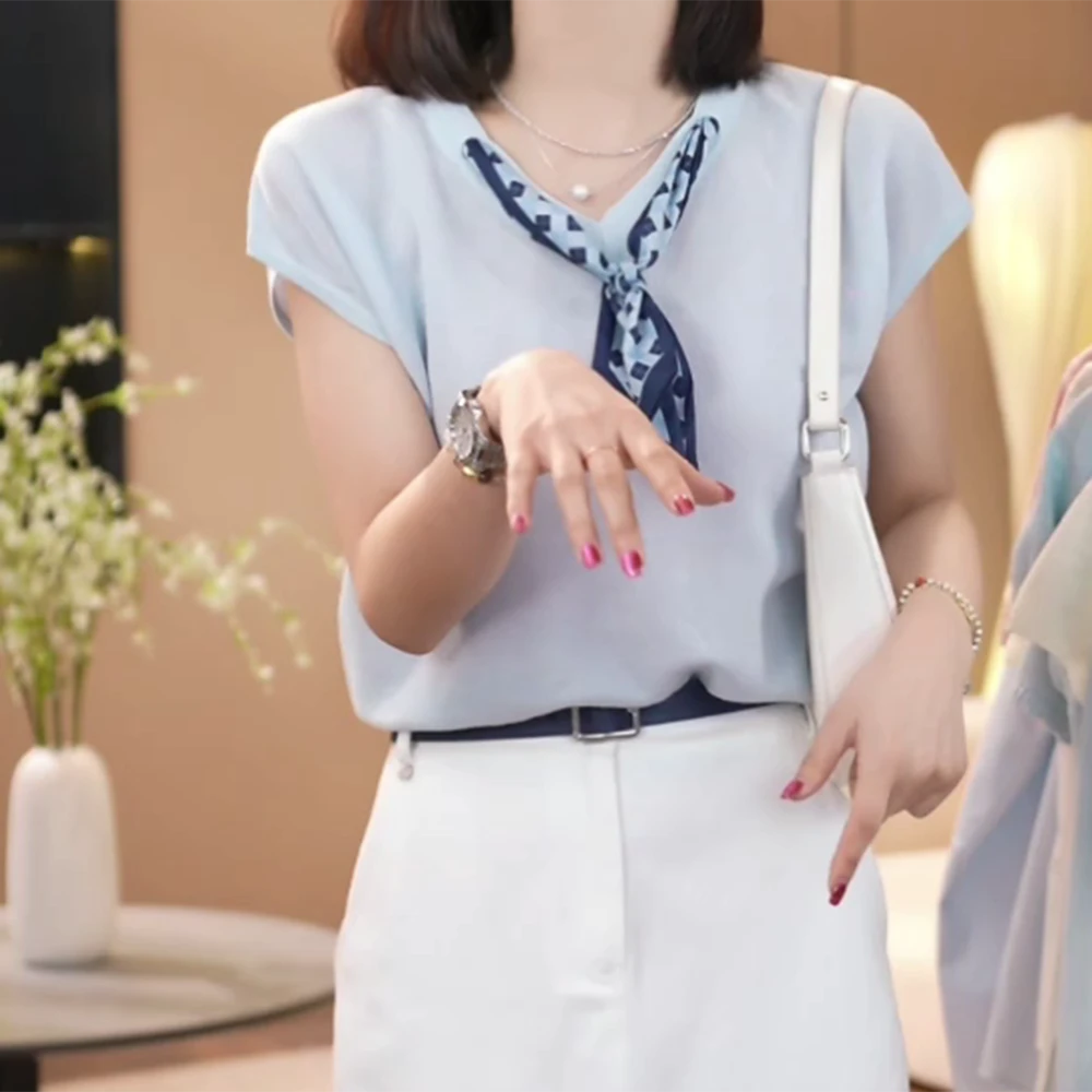 夏季新款时尚翻领半扣带丝巾无袖针织马甲背心上衣C5264