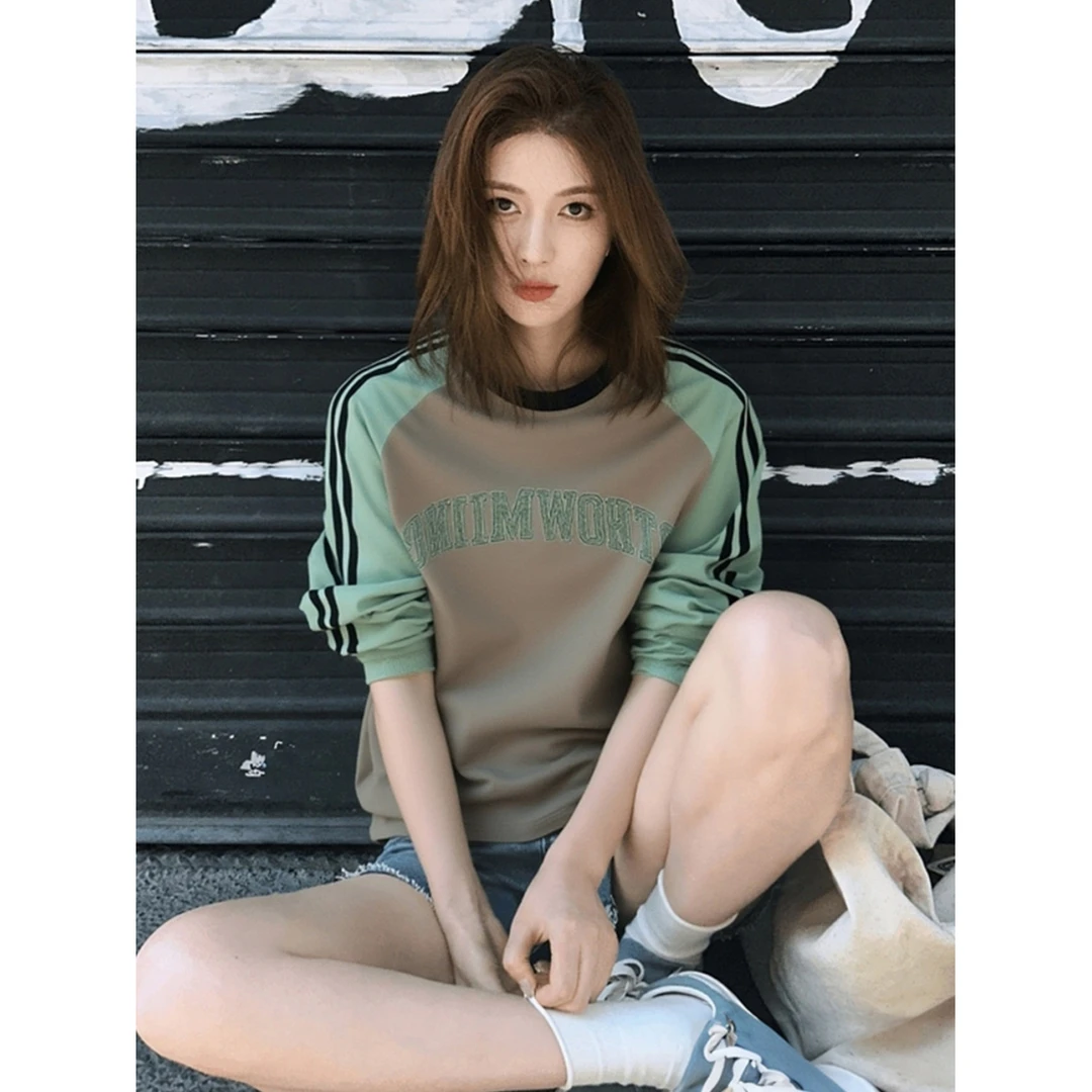 早秋小个子韩系百搭内搭上衣oversize美式高街休闲风绿色印花卫衣