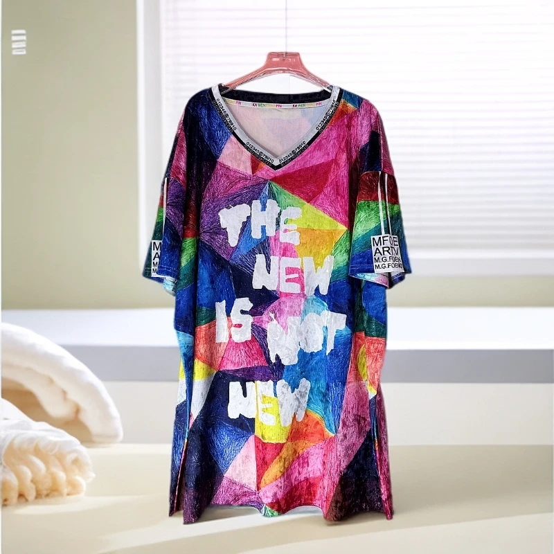 【连衣裙】加厚高端钻石绒潮流宽松显瘦百搭时尚夏季短袖七彩45