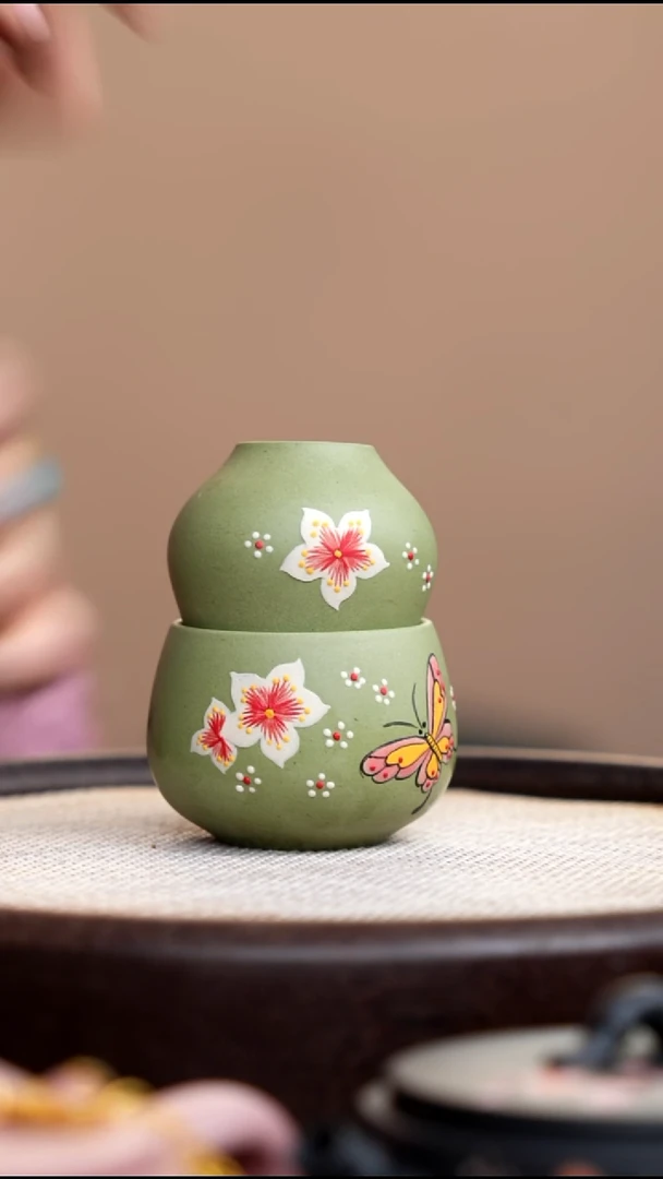 茶壶紫砂豆青砂葫芦杯两件套