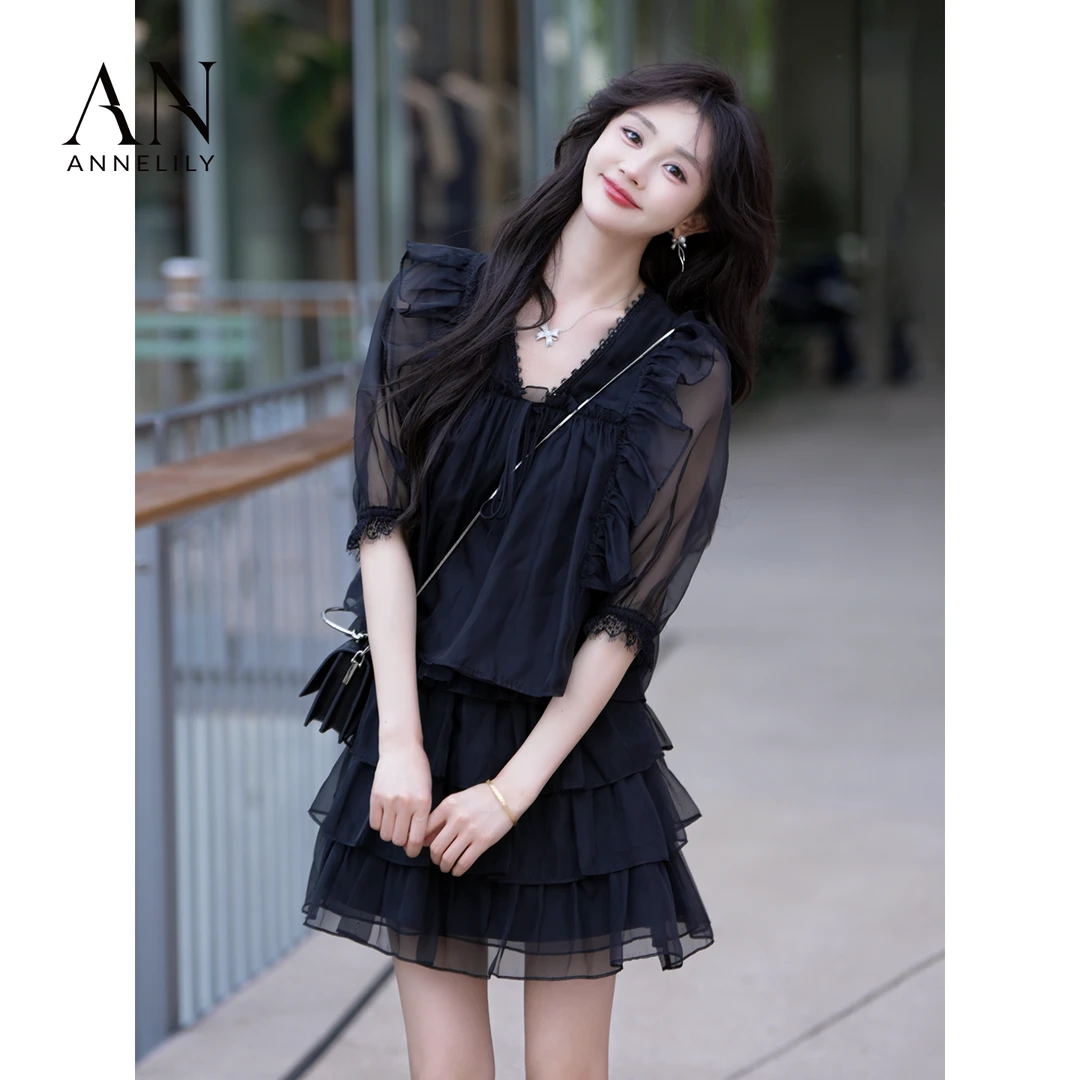 ANNELILY安琪琪【梦念】新款设计感休闲百搭蛋糕裙套装AT2505016