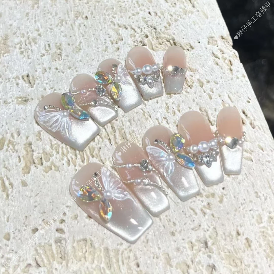 琉璃蝴蝶纯手工光疗美甲贴果冻贴片指甲穿戴甲简约梯形重复使用