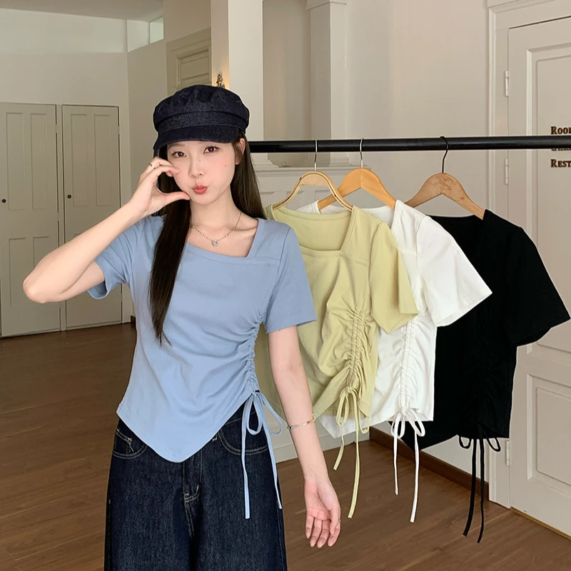 2025夏装新款胖mm大码女设计感不规则抽绳小众短袖T恤33952