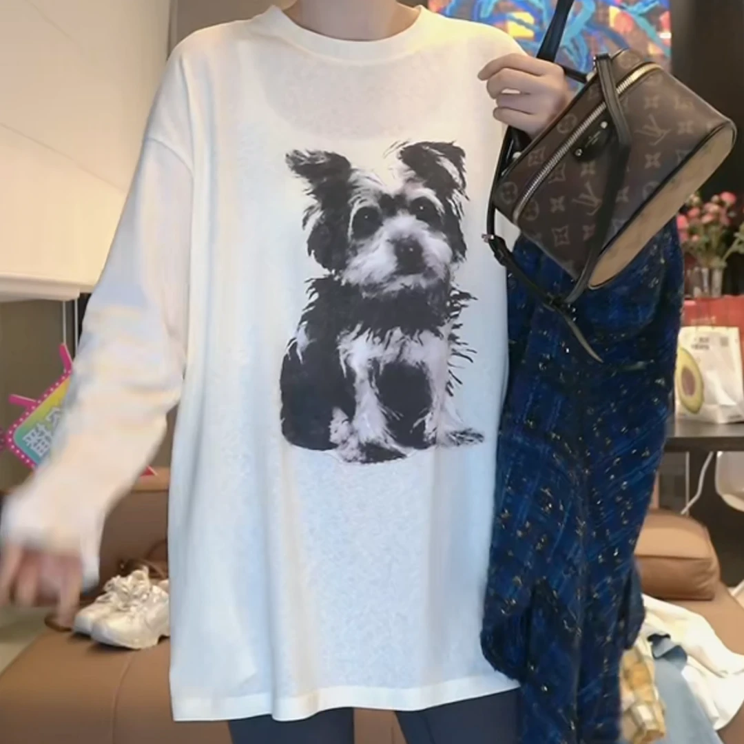 正肩显瘦长款时尚舒适洋气薄款长袖打底T恤2025春款小狗印花上衣