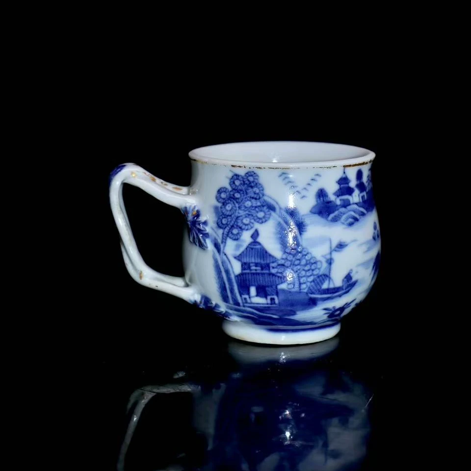 20: 清中期青花山水亭台楼阁耳杯