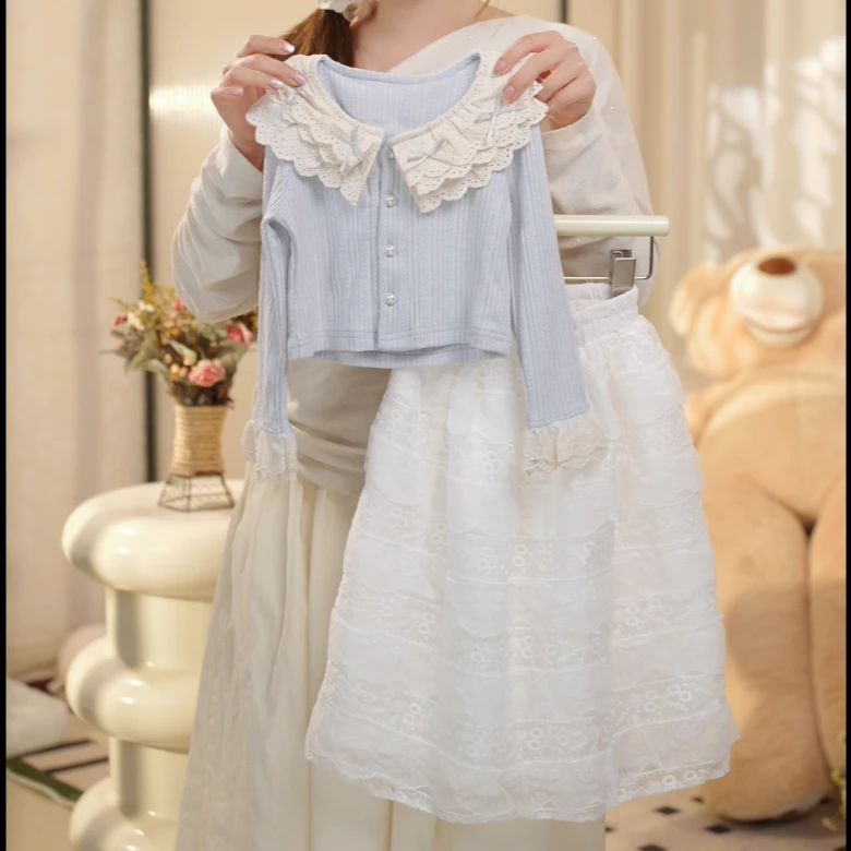 2025春季新款儿童韩系套装 女宝韩版花边领针织衫+女童长款蛋糕裙