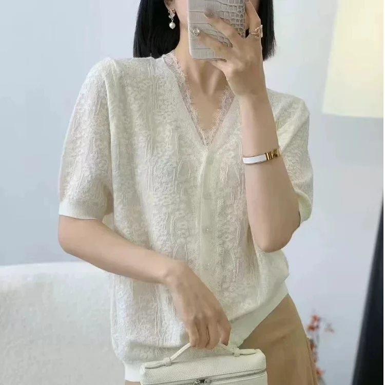 【例畔精选】夏季百搭时尚气质设计感立体织花蕾丝针织开衫A180#