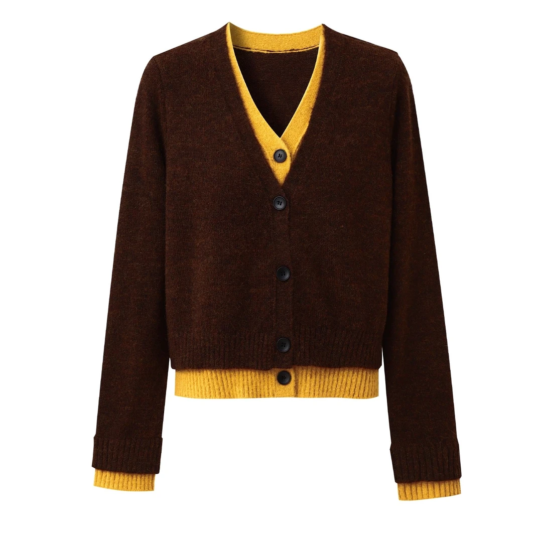 咖色v领假两件针织开衫女秋季2025新慵懒风长袖毛衣外套短款上衣