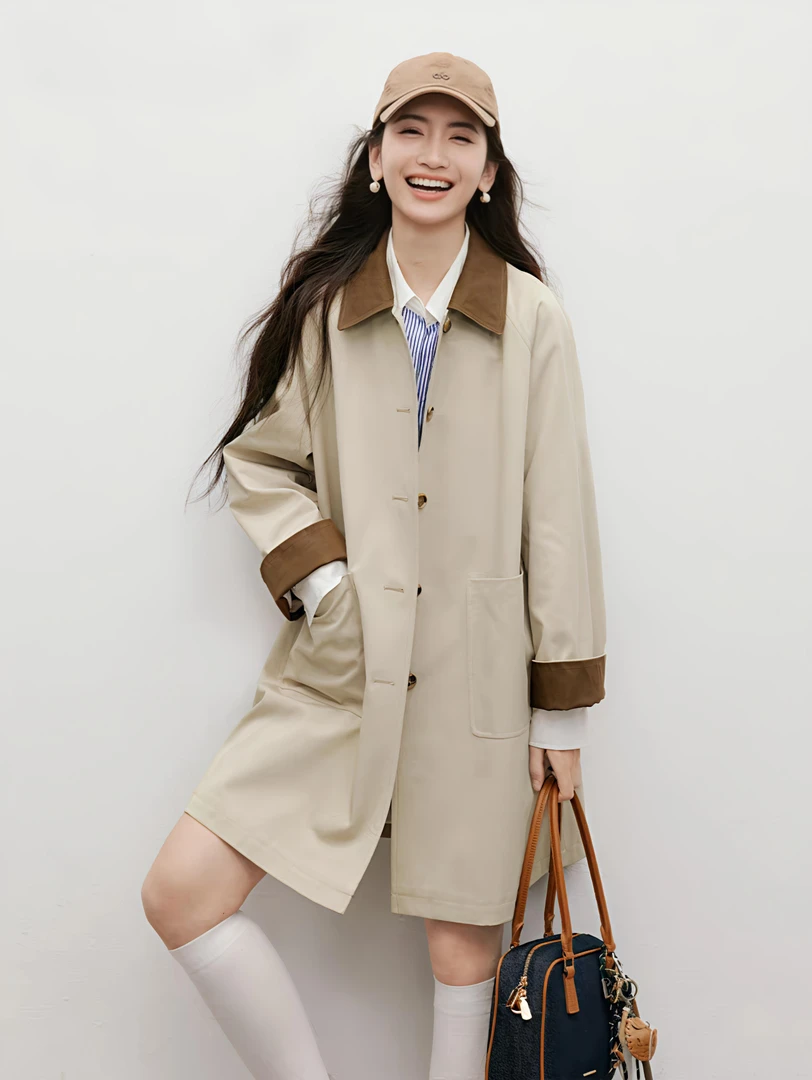 fy8013新款翻领长款小个子女款气质秋季休闲爆款风衣外套