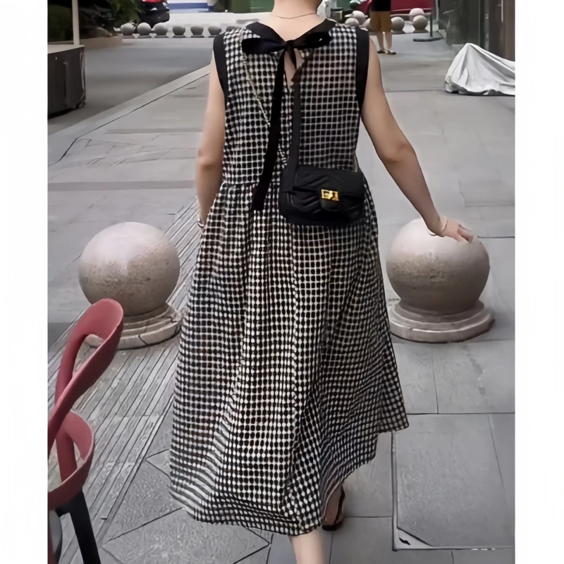 秋季时尚风圆领无袖格子休闲风绑带连衣裙复古气质风韩版中长款裙