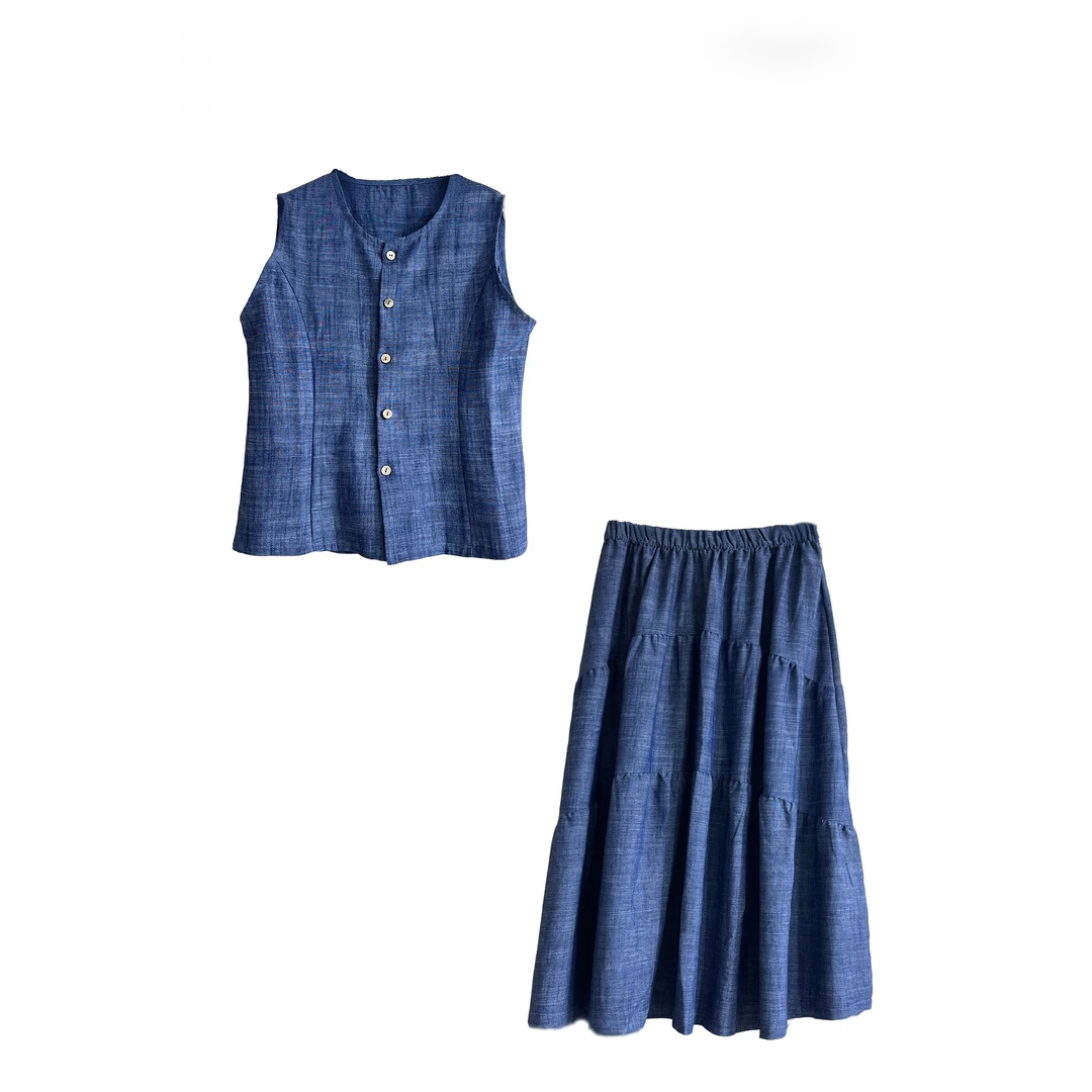 奕~25新款潮牌女士半身裙套装夏季开衫圆领亚麻半身裙66286