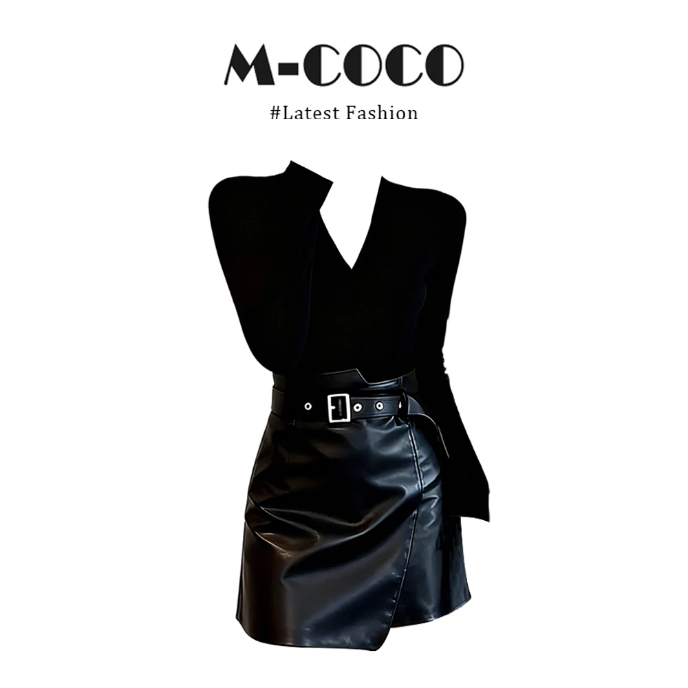 MARIE.COCO秋冬打底衫设计感V领显瘦针织上衣百搭皮裙半身裙套装