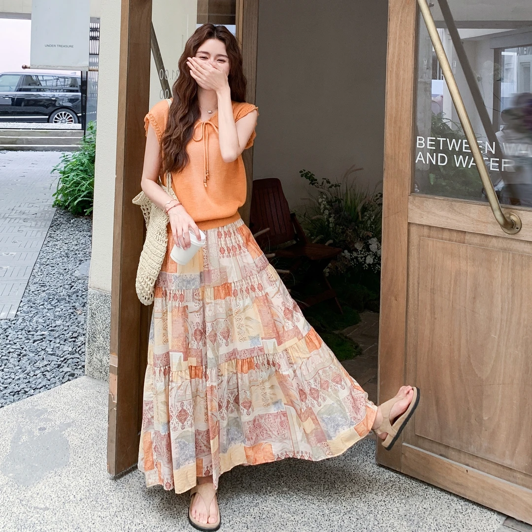 橘色复古度假风针织T恤套装裙女2025夏季巨好看印花半身裙两件套