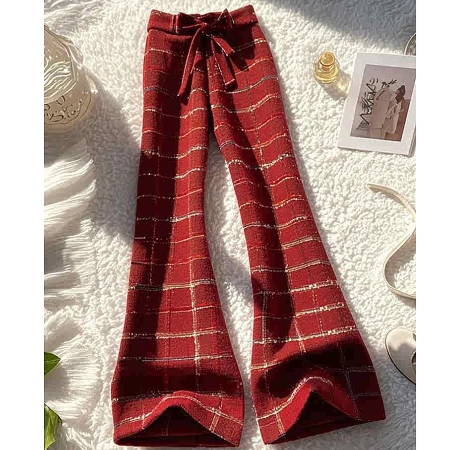 2025年春季新款高级感洋气时髦别致高腰显瘦红色格纹微喇阔腿裤潮
