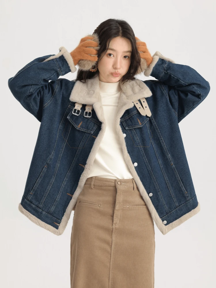 2025年新款冬季高级感气质立领保暖牛仔外套女加绒加厚大衣中长款