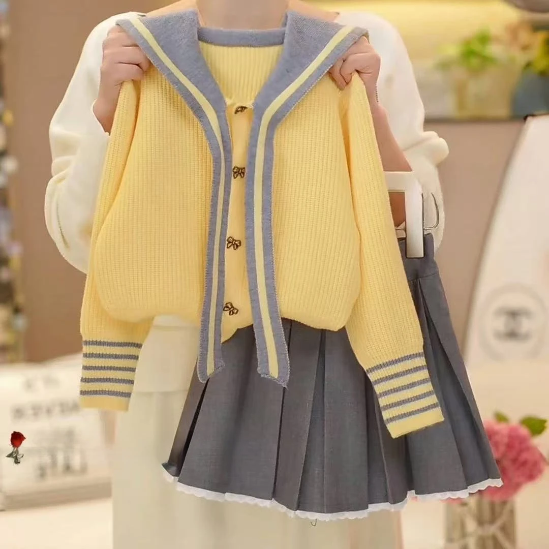2025春上新款03韩系学院风海军领针织衫上衣高腰百褶半身裙两件套