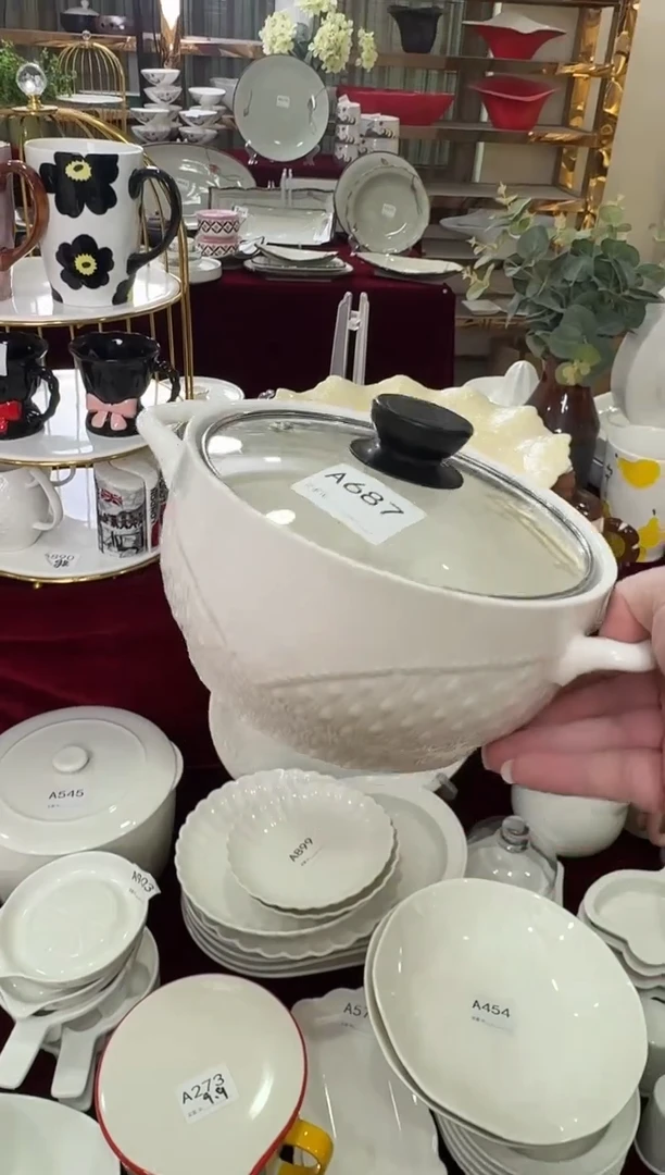 摆件陶A687 双耳泡面碗带盖