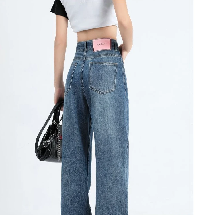 2025年秋季新款窄版高腰宽松显瘦小个子皮牌直筒裤子阔腿牛仔裤女