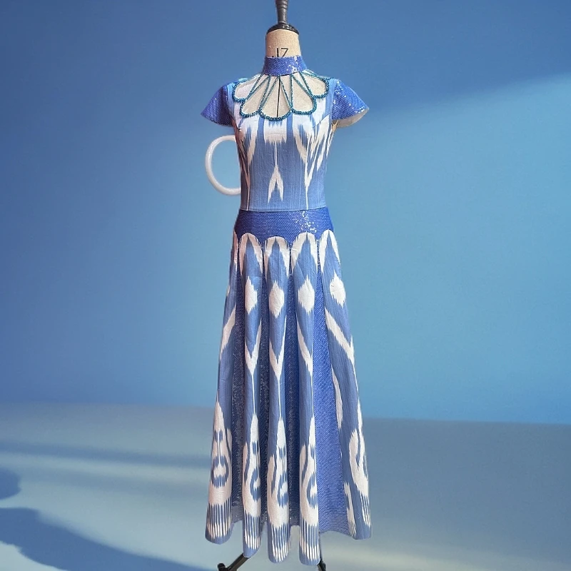 无袖中国风夏季气质裙子法式走秀单大摆立领花色显瘦大摆蓝色斜襟