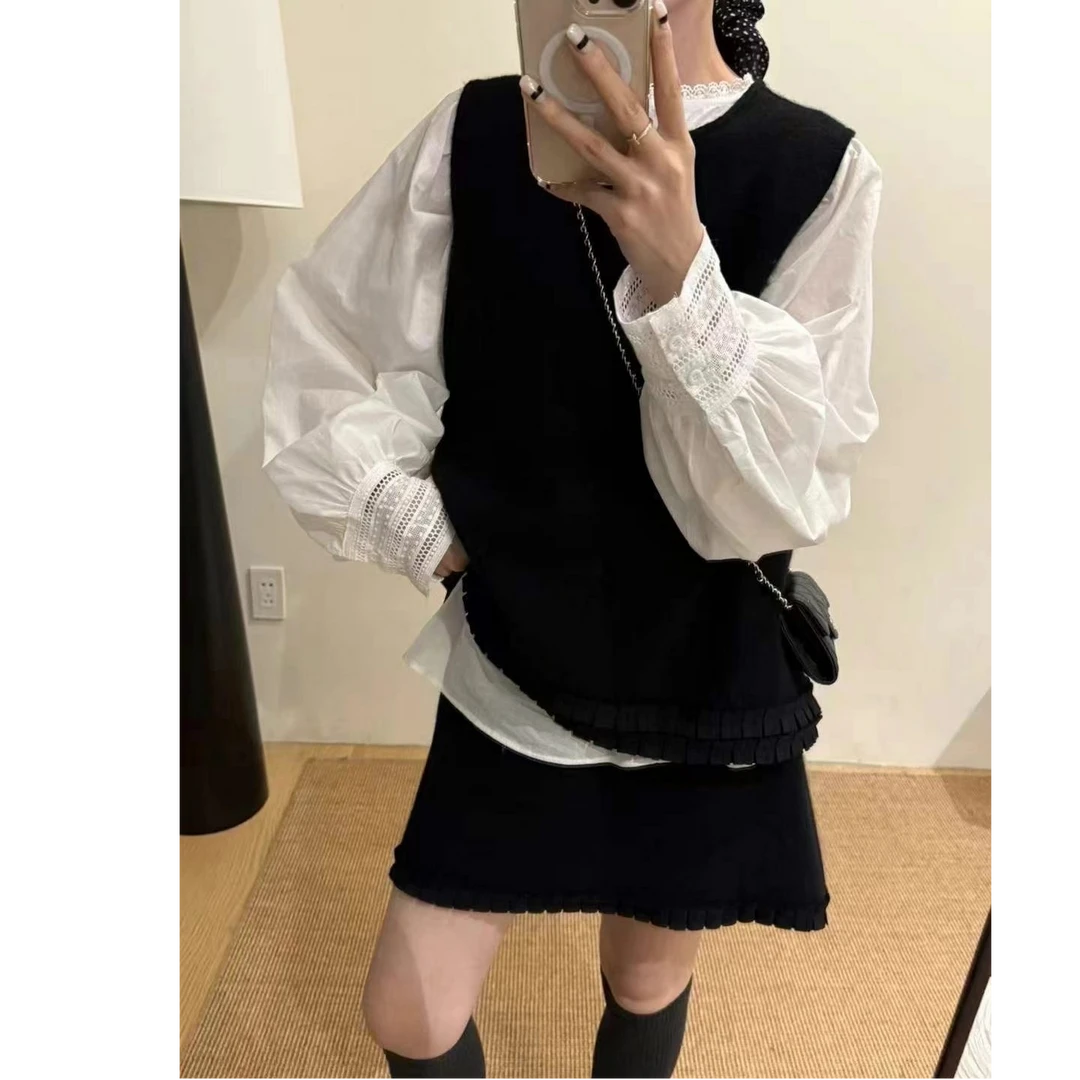 欧洲站2025春新款时尚圆领木耳边马甲半身短裙叠穿长袖衬衫三件套